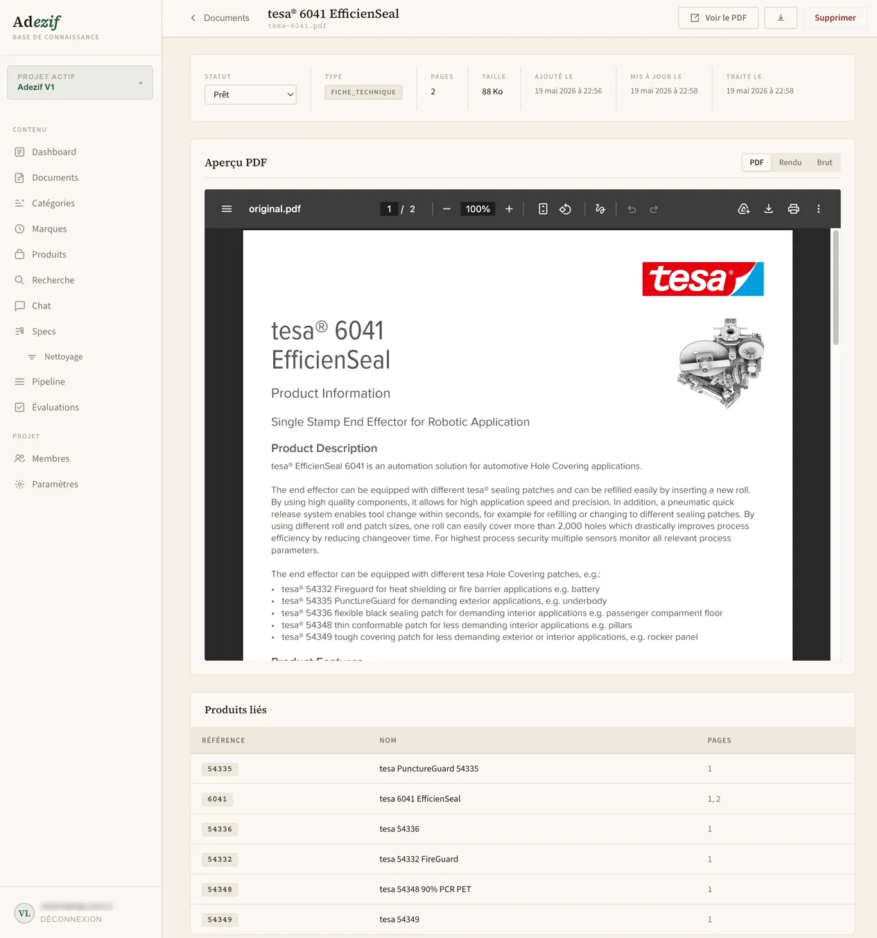 Interface de la base de connaissance produit