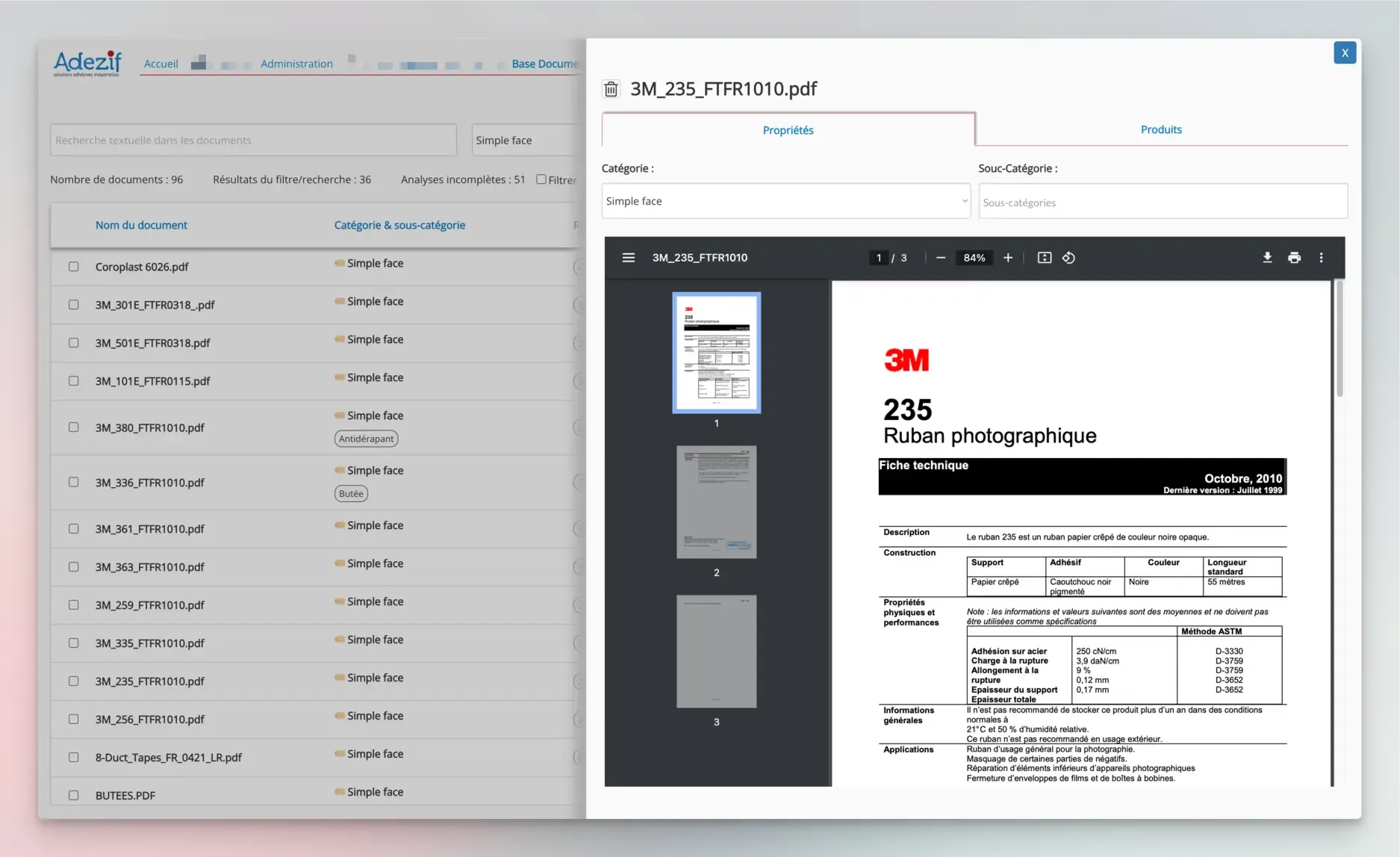 Vue d'un document PDF dans l'application développée pour Adezif