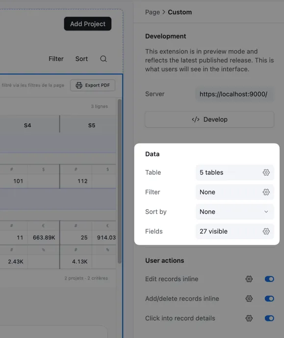 Panneau de configuration d'une interface custom : section Data listant 5 tables, aucun filtre, 27 champs visibles